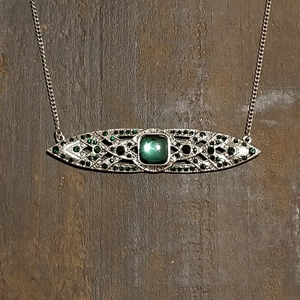 Modcloth Art Nouveau Silver and Green Gem Necklace
